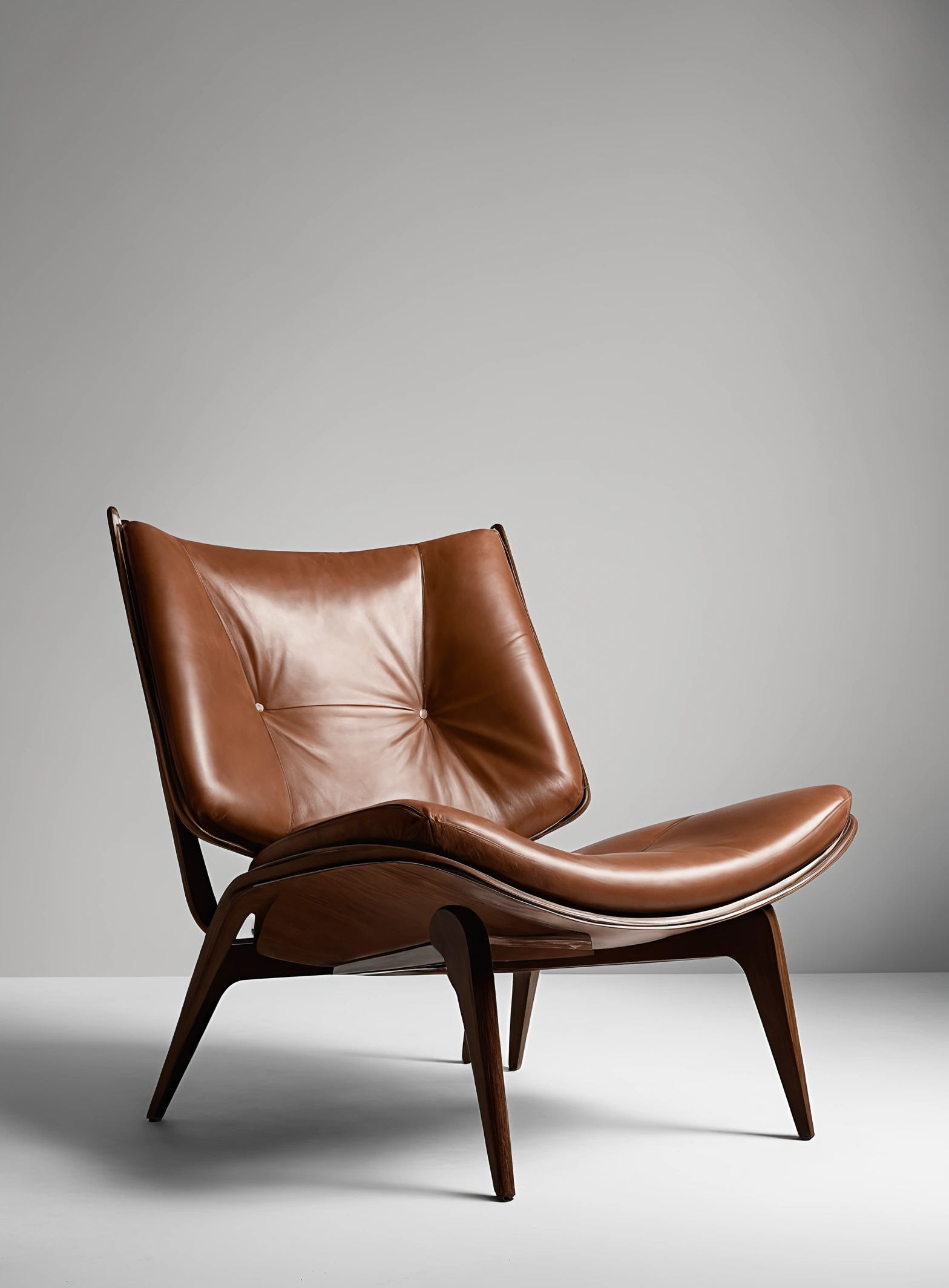 Single mid-century style lounge chair photographed alone against a plain background as an object study