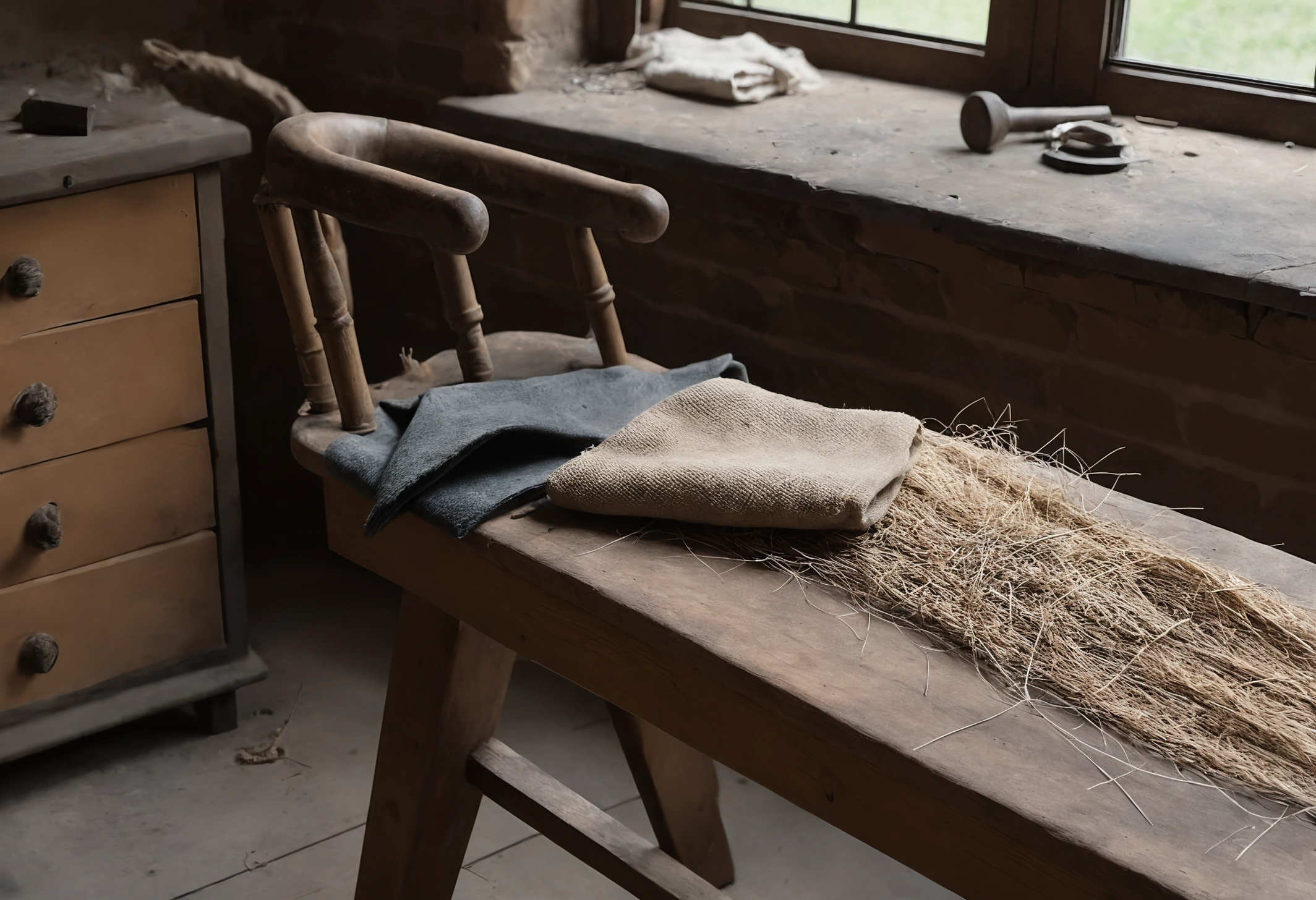 Restoration workshop with a stripped chair frame, hand tools and materials prepared for reupholstery