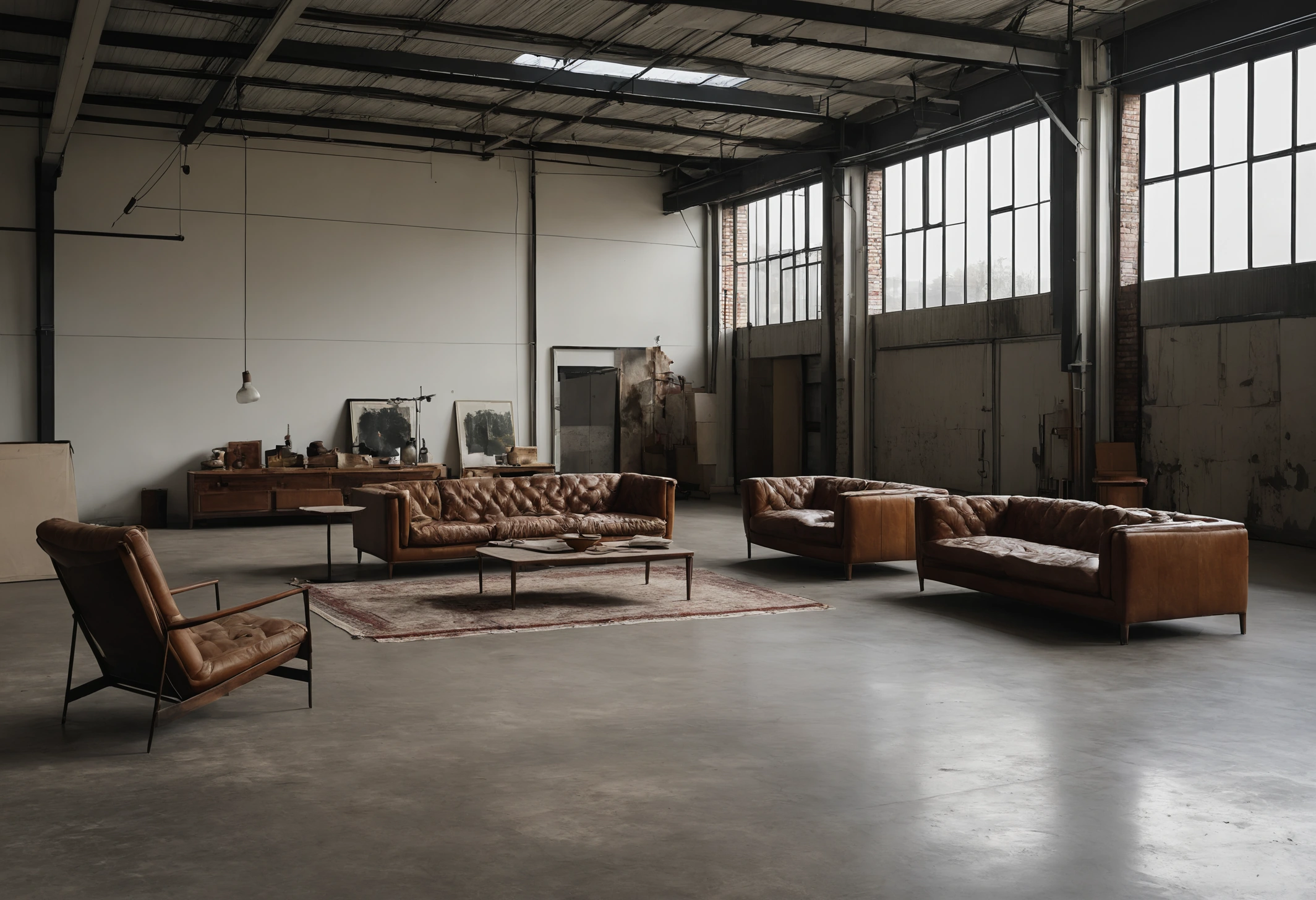 Warehouse viewing space with a mix of used designer furniture pieces arranged for inspection